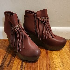 Sbicca Brown Fringe Wedge Boots